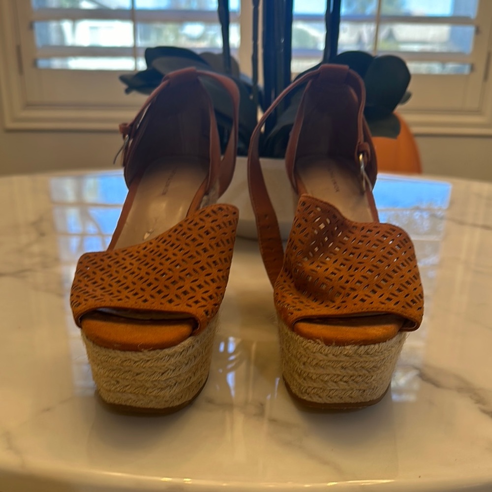 Brown Wedge Sandals with Ankle Strap and Peep-Toe